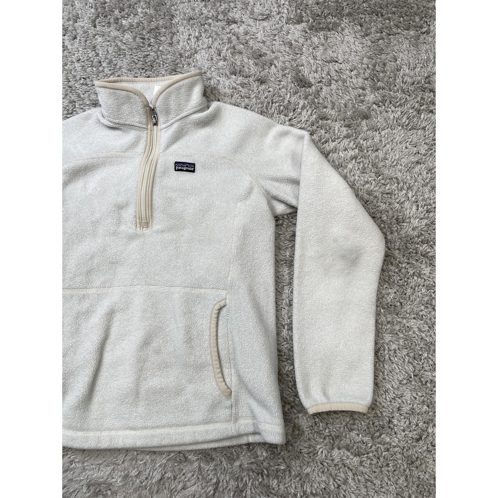 Patagonia Fleece Sweater Girls Large 12 Ivory 1/4 Zip Synchilla Pullover Pockets - Picture 3 of 11